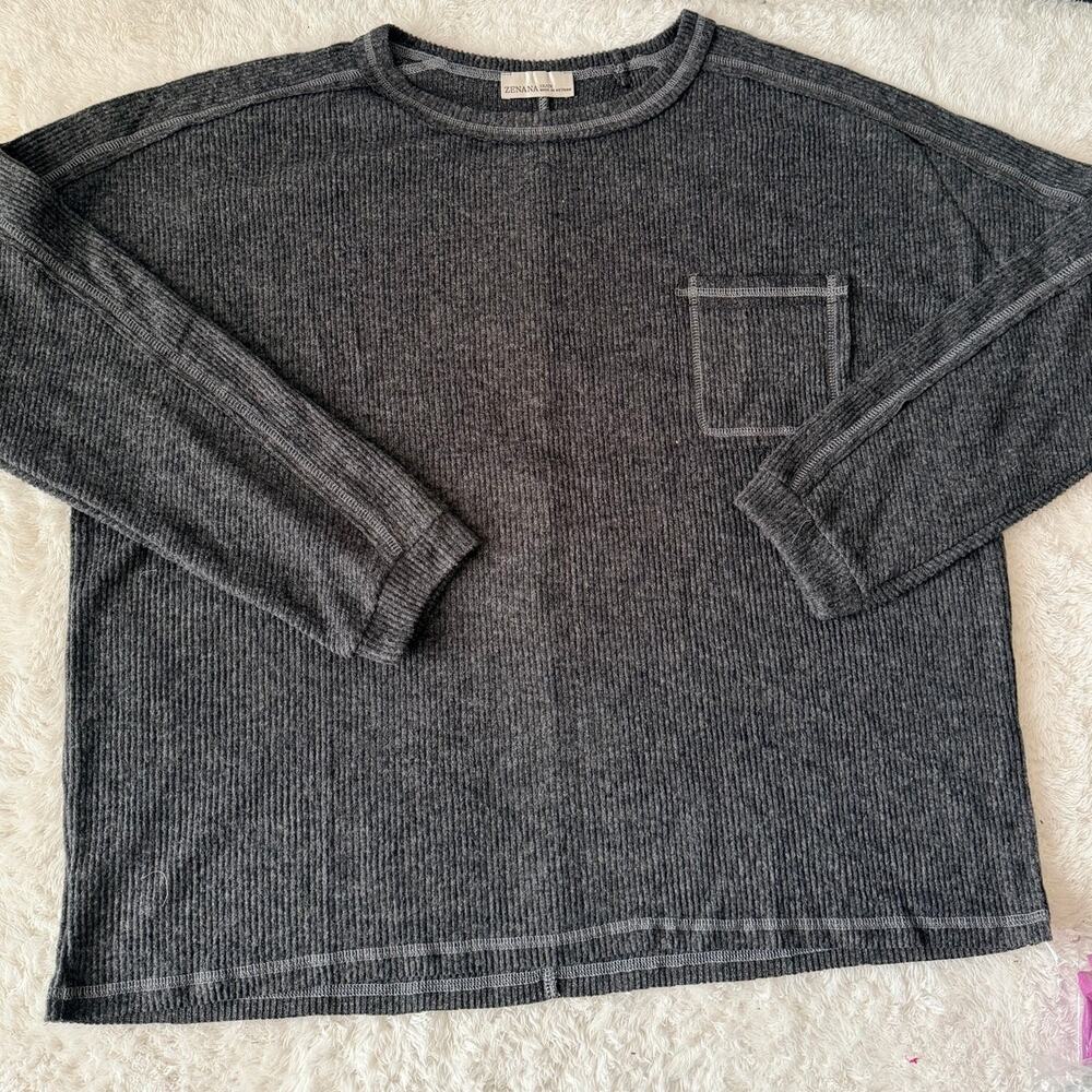Zenana 1X/2X Charcoal Ribbed Exposed Seam Pocket Top New